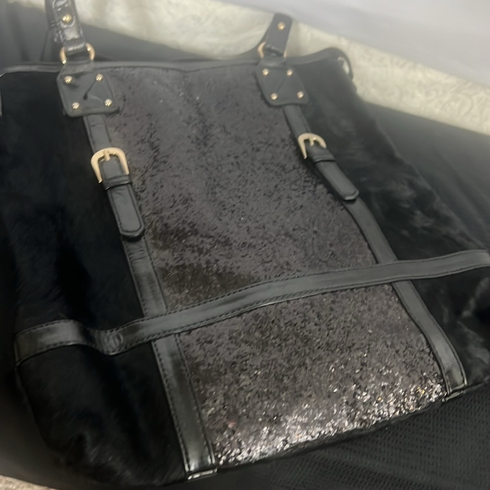 IMAN Faux Fur Glitter Outer Genuine Leather Tote Crossbody tote Bag Black - Picture 3 of 9